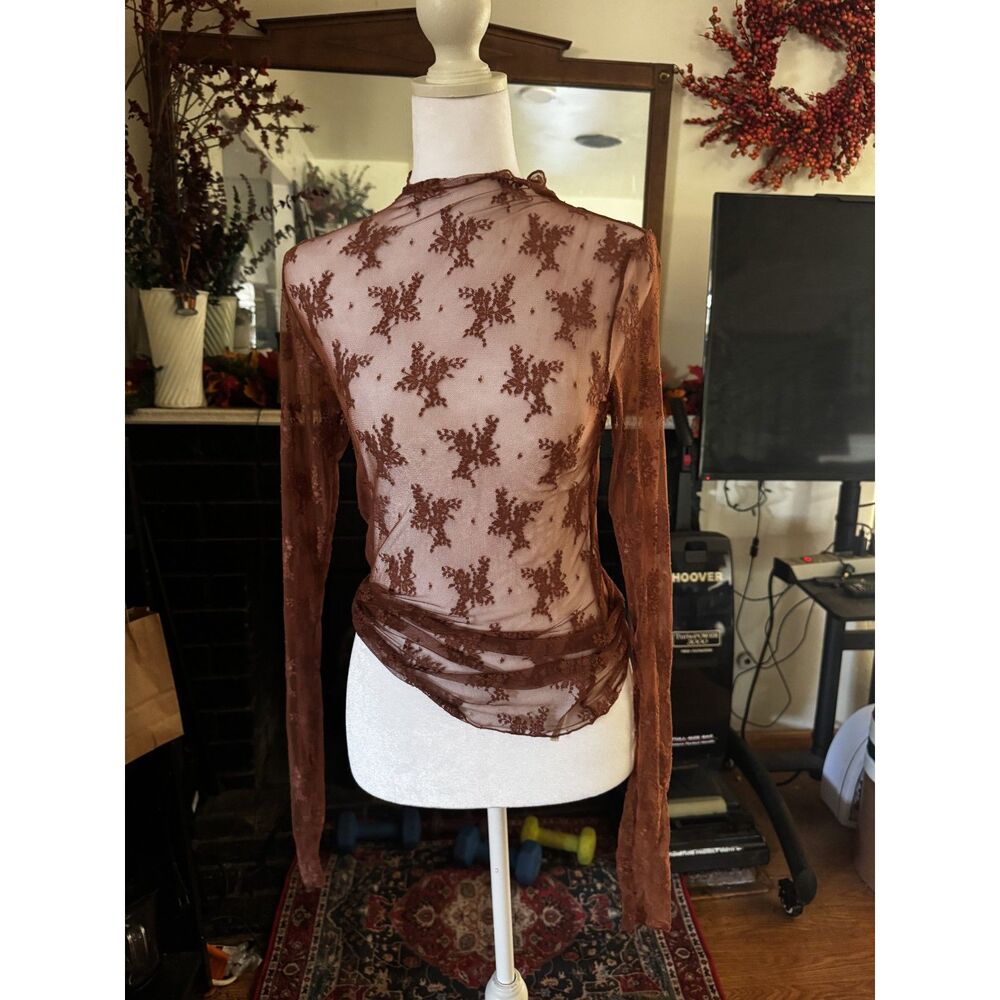 Free People Intimately Lady Lux Layering Top Brown Floral Lace Sheer Long Sleeve